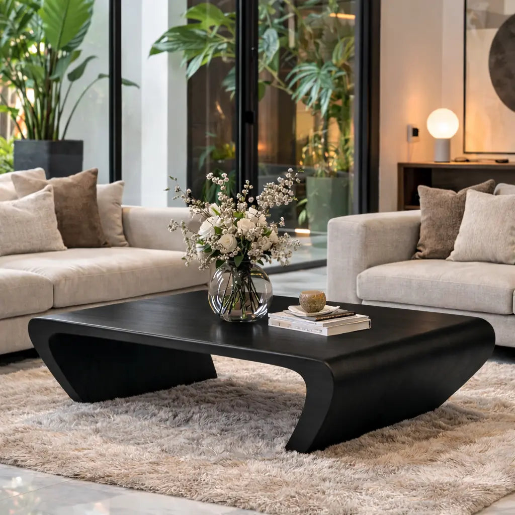 Modern Solid Wood Coffee Table with Sculptural Curved Base Minimalist Living Room Table - view 5 of 9