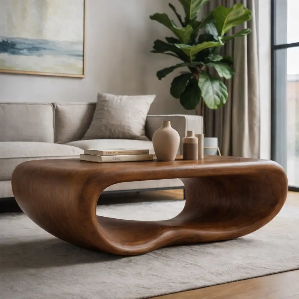Modern Solid Wood Coffee Table with Sculptural Curved Design Minimalist Living Room Table - view 4 of 9