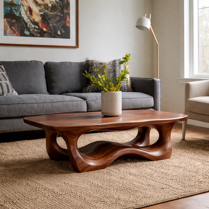 Solid Wood Coffee Table with Sculptural Base and Organic Curved Design - view 3 of 9