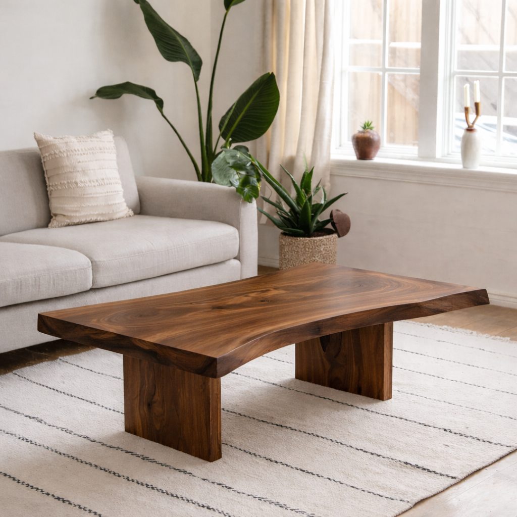 Solid Wood Coffee Table with Live Edge Top and Minimal Block Legs - view 1 of 9