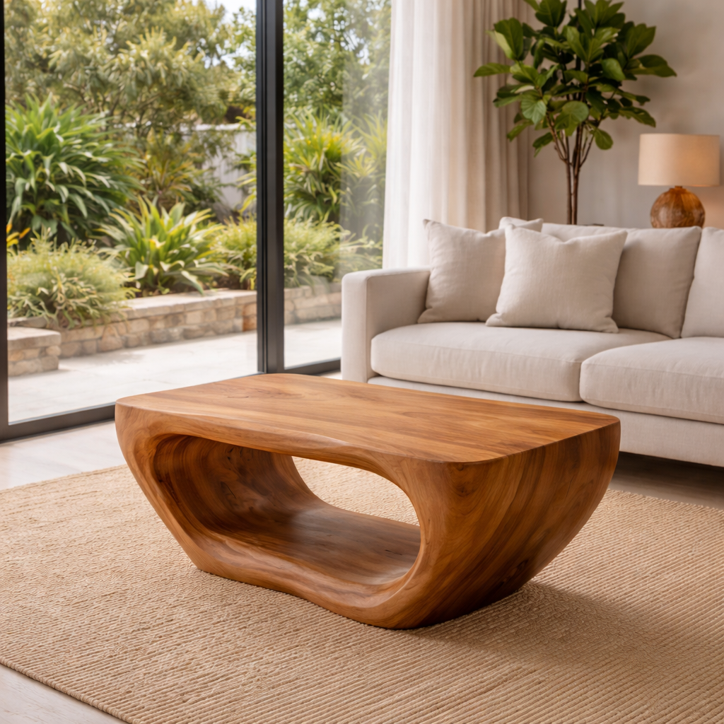 Solid Wood Coffee Table with Sculptural Hollow Base and Smooth Curved Design - view 3 of 9
