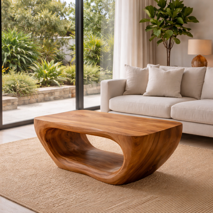 Solid Wood Coffee Table with Sculptural Hollow Base and Smooth Curved Design - view 3 of 9