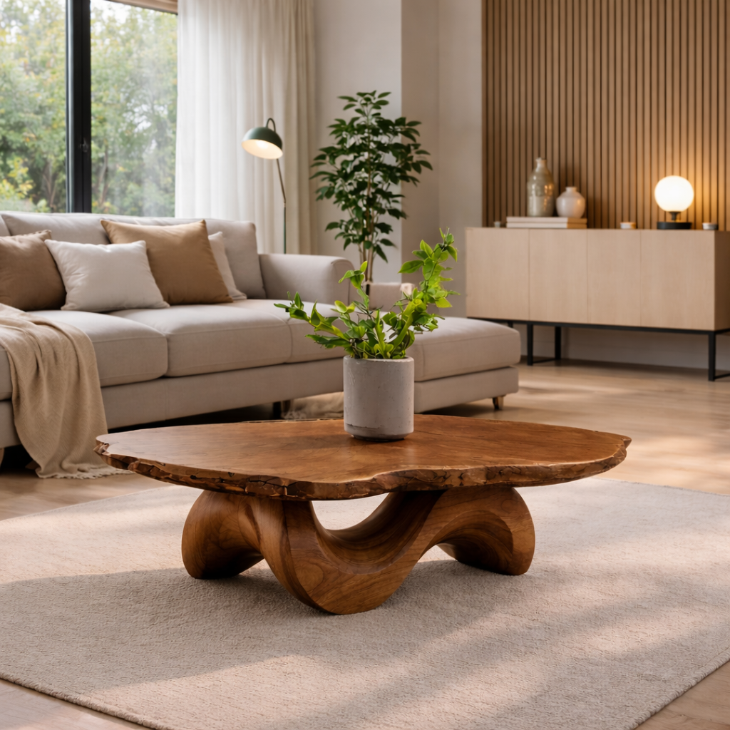 Live Edge Solid Wood Coffee Table with Sculptural Curved Base - view 3 of 9