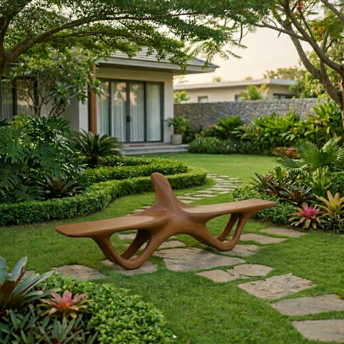 Solid Wood Outdoor Bench Sculptural Organic Form with Curved Flowing Base Design - view 4 of 7