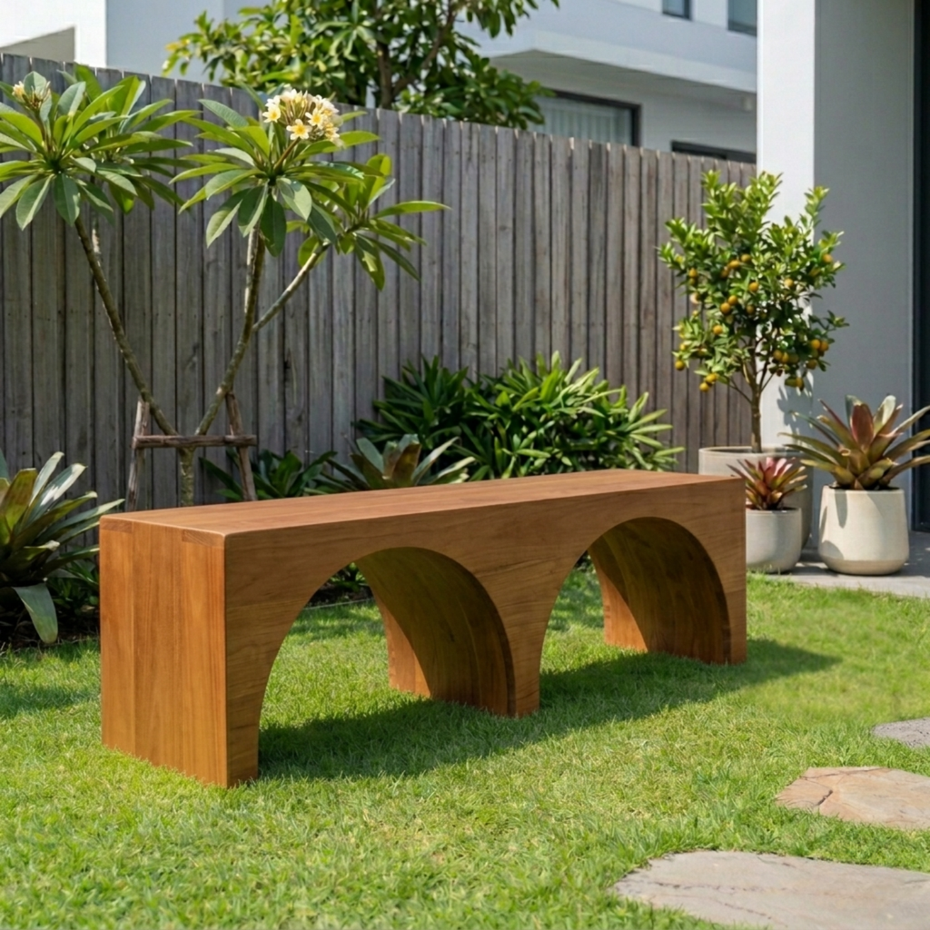 Solid Wood Outdoor Bench with Double Arch Base Minimalist Rectangular Design - view 2 of 8