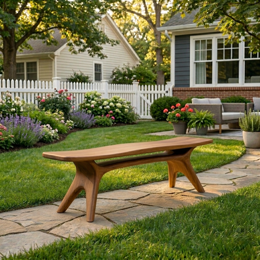 Solid Wood Outdoor Bench with Sculptural Tapered Legs and Floating Seat Design - view 1 of 8