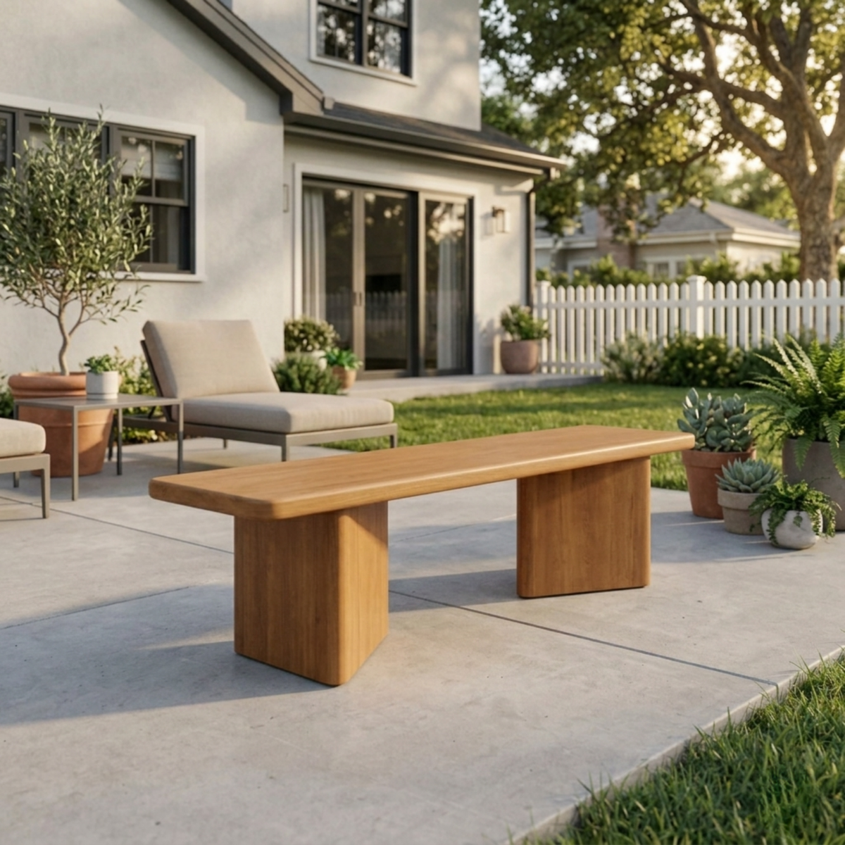 Solid Wood Outdoor Bench Minimalist Slab Seat with Block Leg Base Design - view 3 of 7