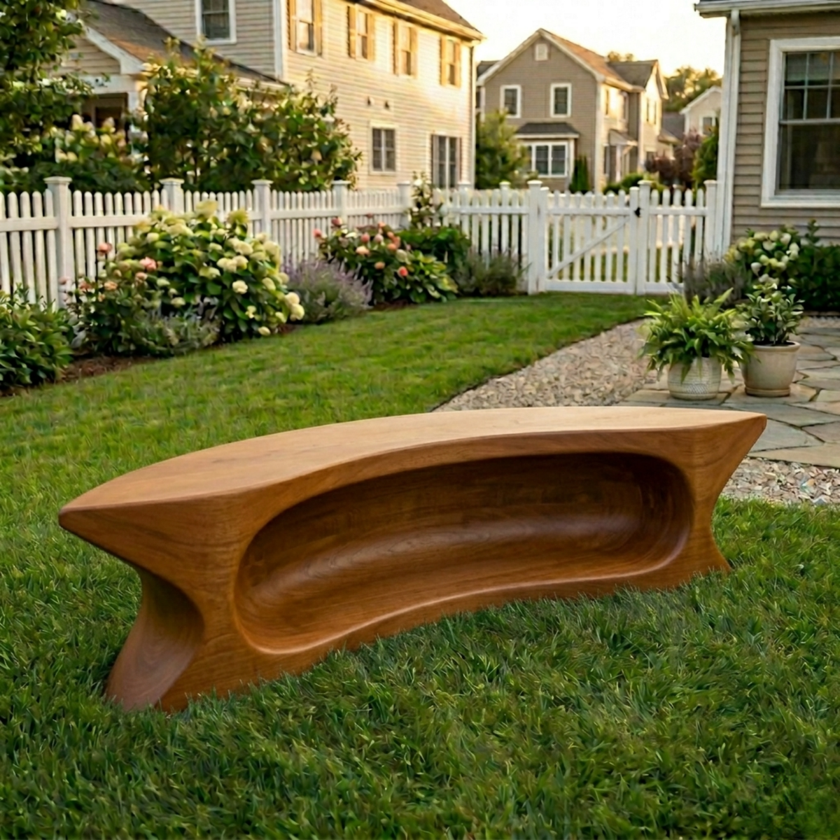 Solid Wood Outdoor Bench with Sculpted Hollow Base and Organic Curved Silhouette - view 2 of 8