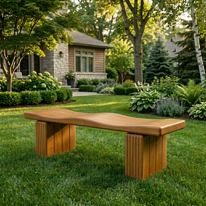 Solid Wood Outdoor Bench with Sculpted Wave Seat and Fluted Block Legs - view 2 of 7