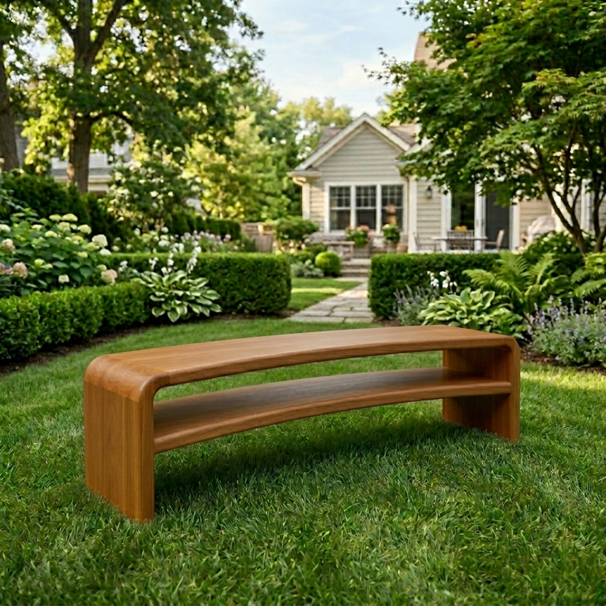 Solid Wood Outdoor Bench with Curved Waterfall Frame and Open Shelf Design - view 3 of 7