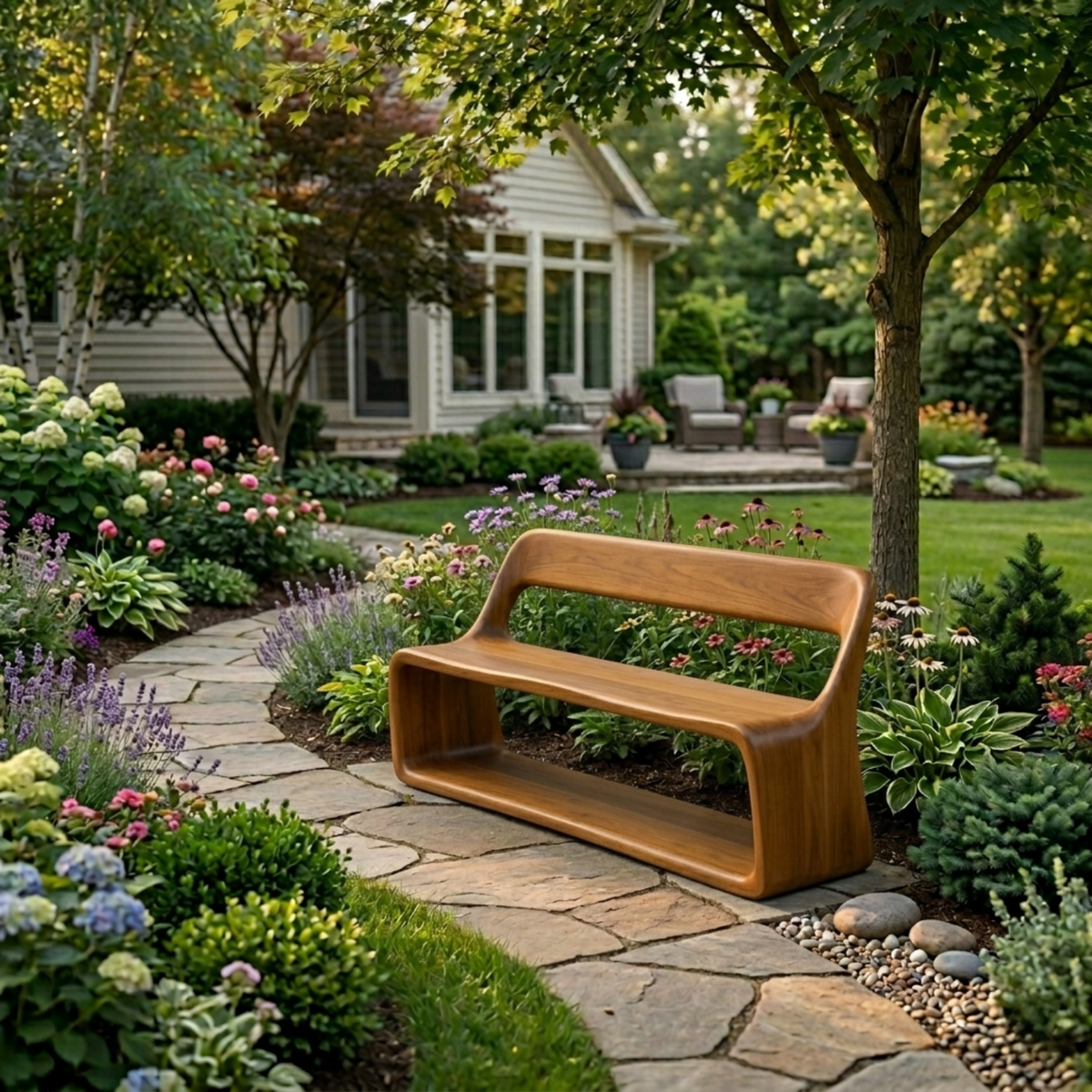 Solid Wood Outdoor Bench with Curved Backrest and Integrated Open Shelf Base - view 2 of 7