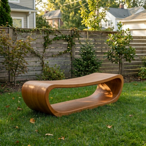 Solid Wood Outdoor Bench Curved Hollow Design with Sculptural Loop Base - view 1 of 8