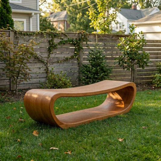 Solid Wood Outdoor Bench Curved Hollow Design with Sculptural Loop Base - view 1 of 8