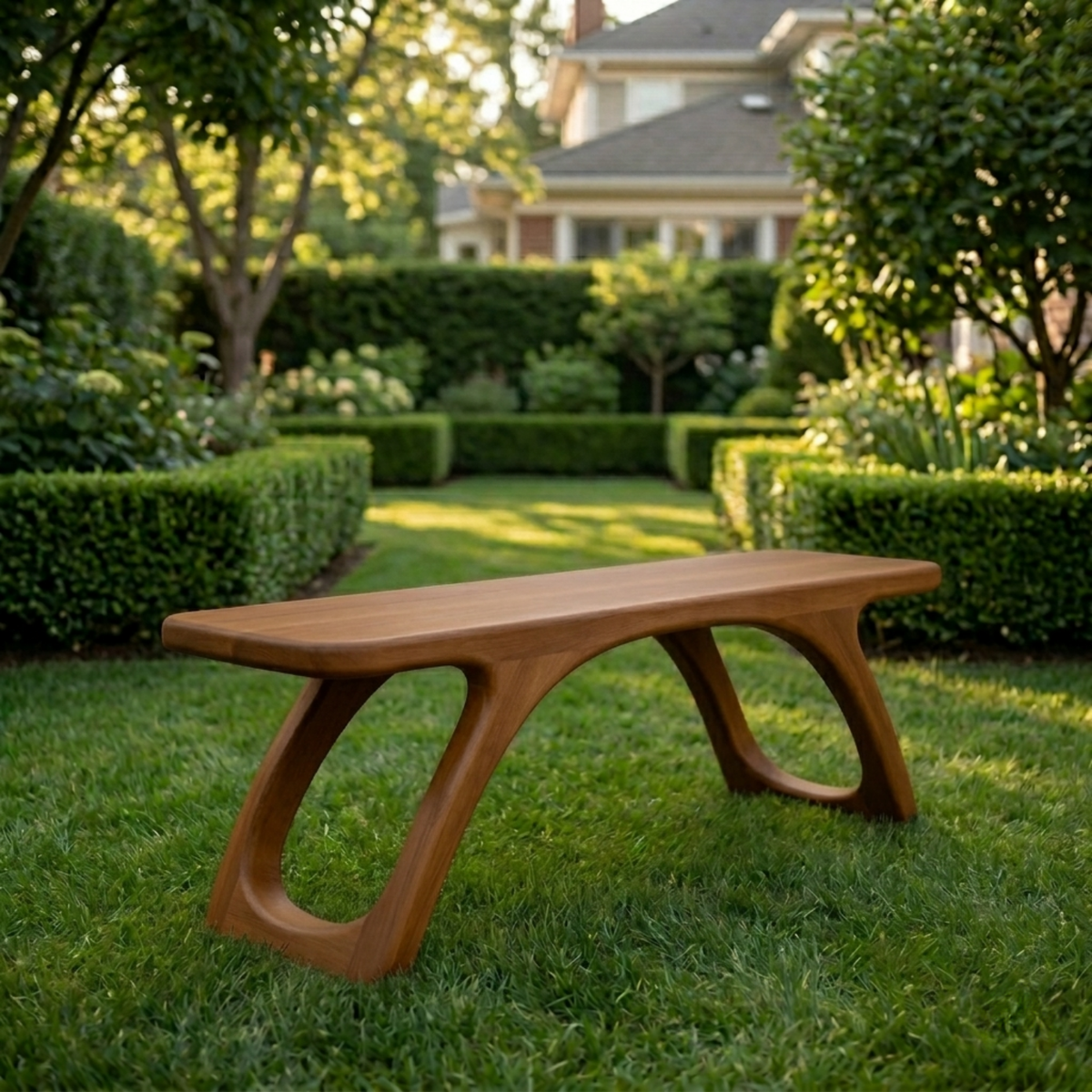 Solid Wood Outdoor Bench with Sculptural Cut-Out Legs and Organic Curved Frame - view 3 of 7