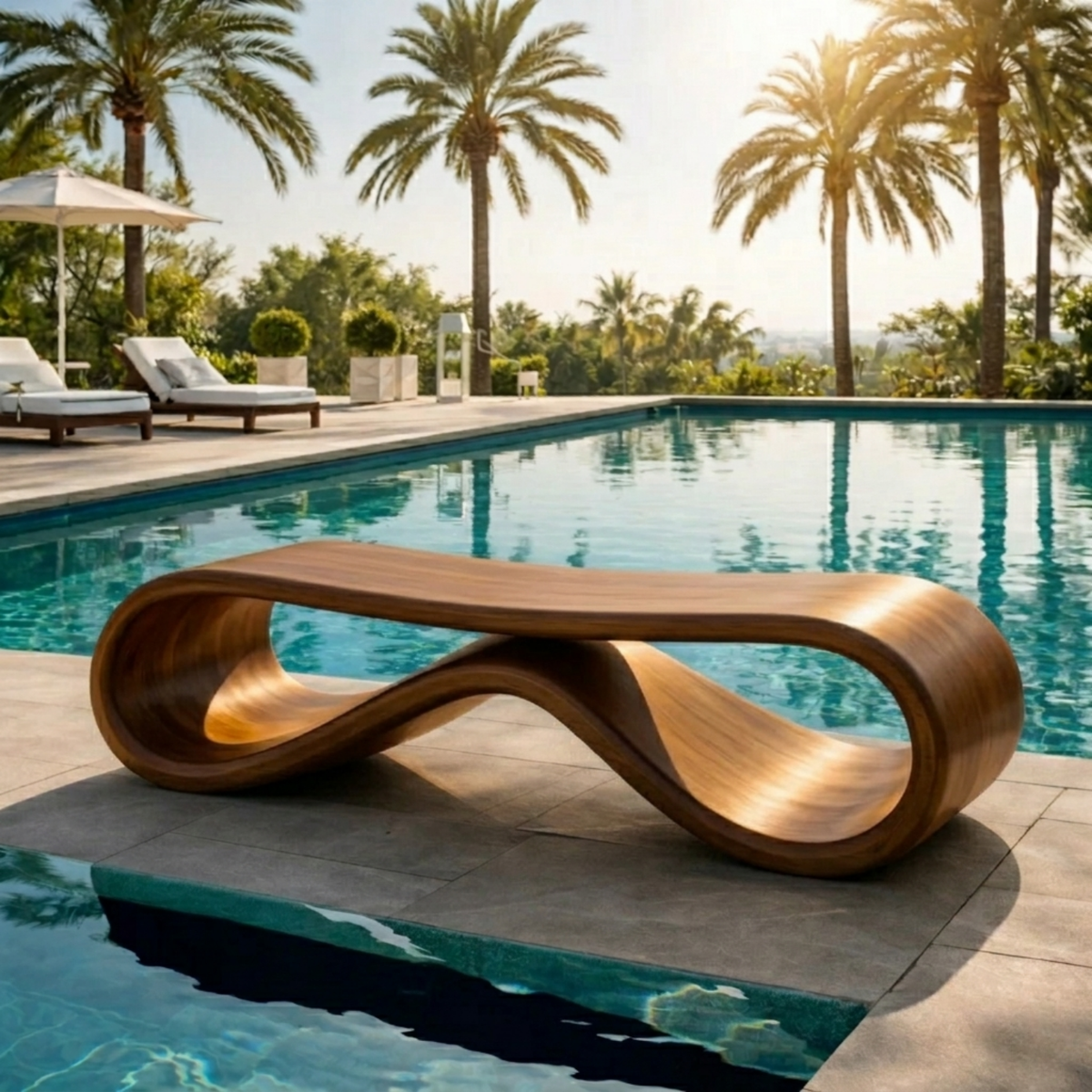 Handcrafted Outdoor Solid Wood Bench Sculptural Wave Form Modern Poolside Seating - view 2 of 7