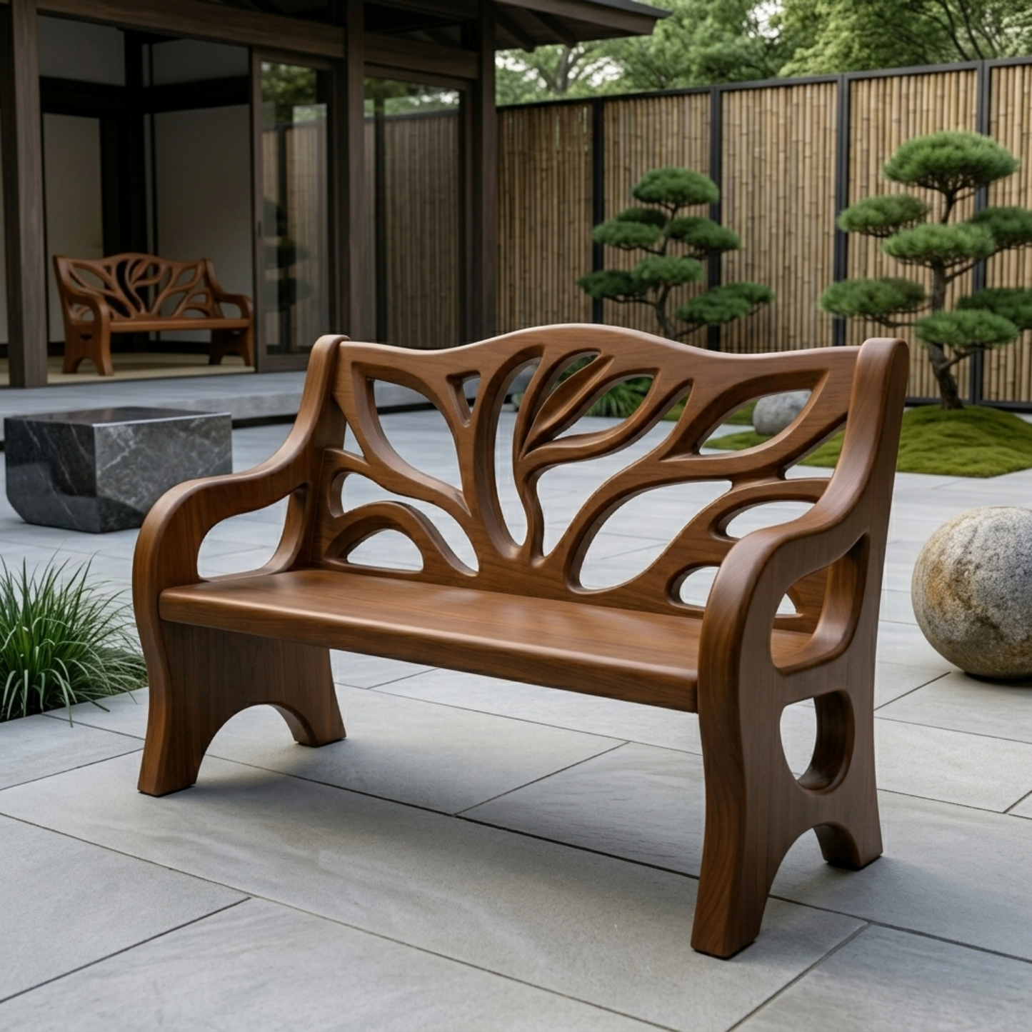 Solid Wood Outdoor Bench with Tree-Inspired Carved Backrest Garden Patio Seating - view 3 of 7