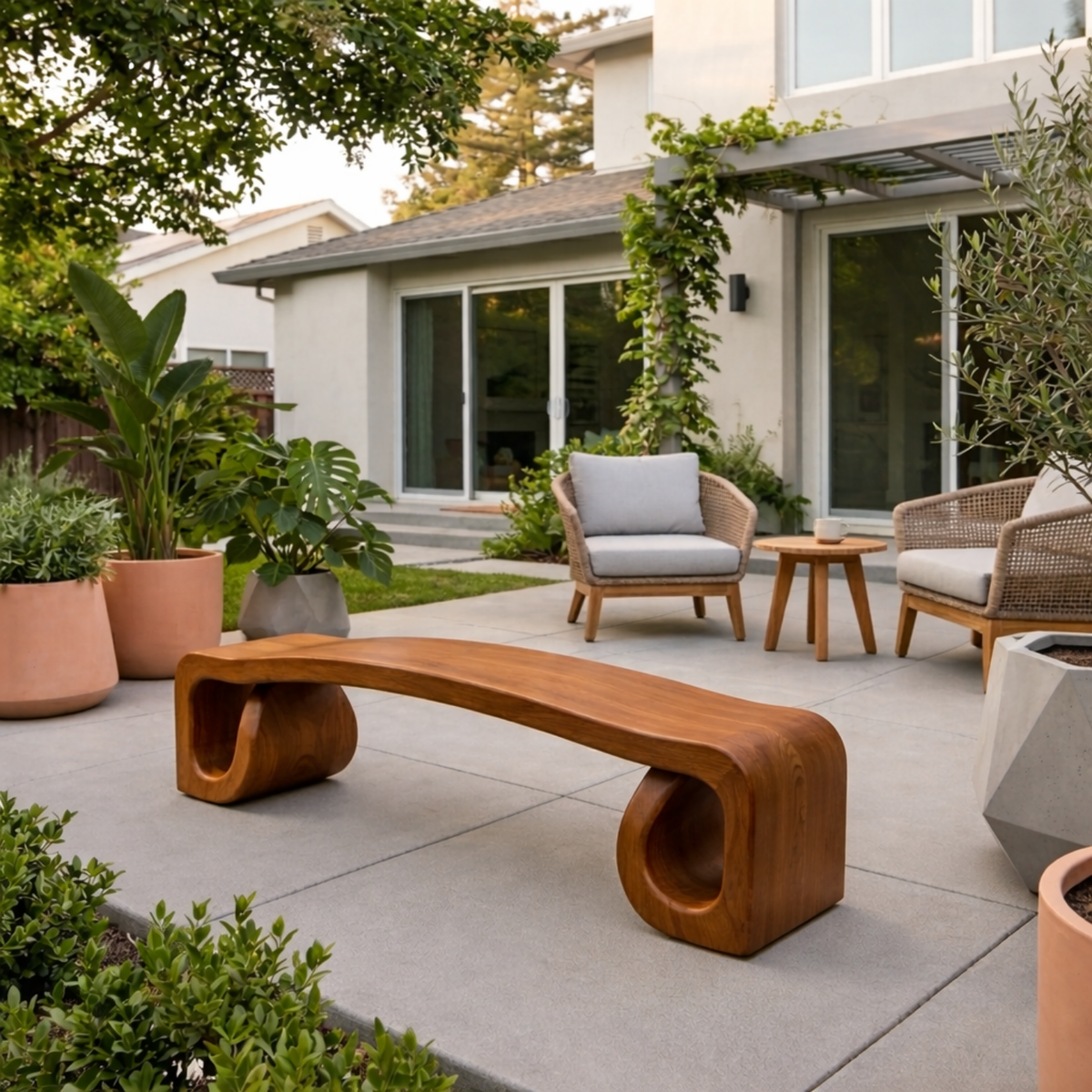 Solid Wood Outdoor Bench with Sculpted Wave Seat and Hollow Base Design - view 2 of 7