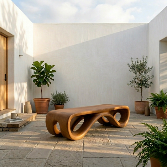 Handcrafted Solid Wood Outdoor Bench Sculptural Curved Base Organic Modern Minimal Design - view 1 of 8