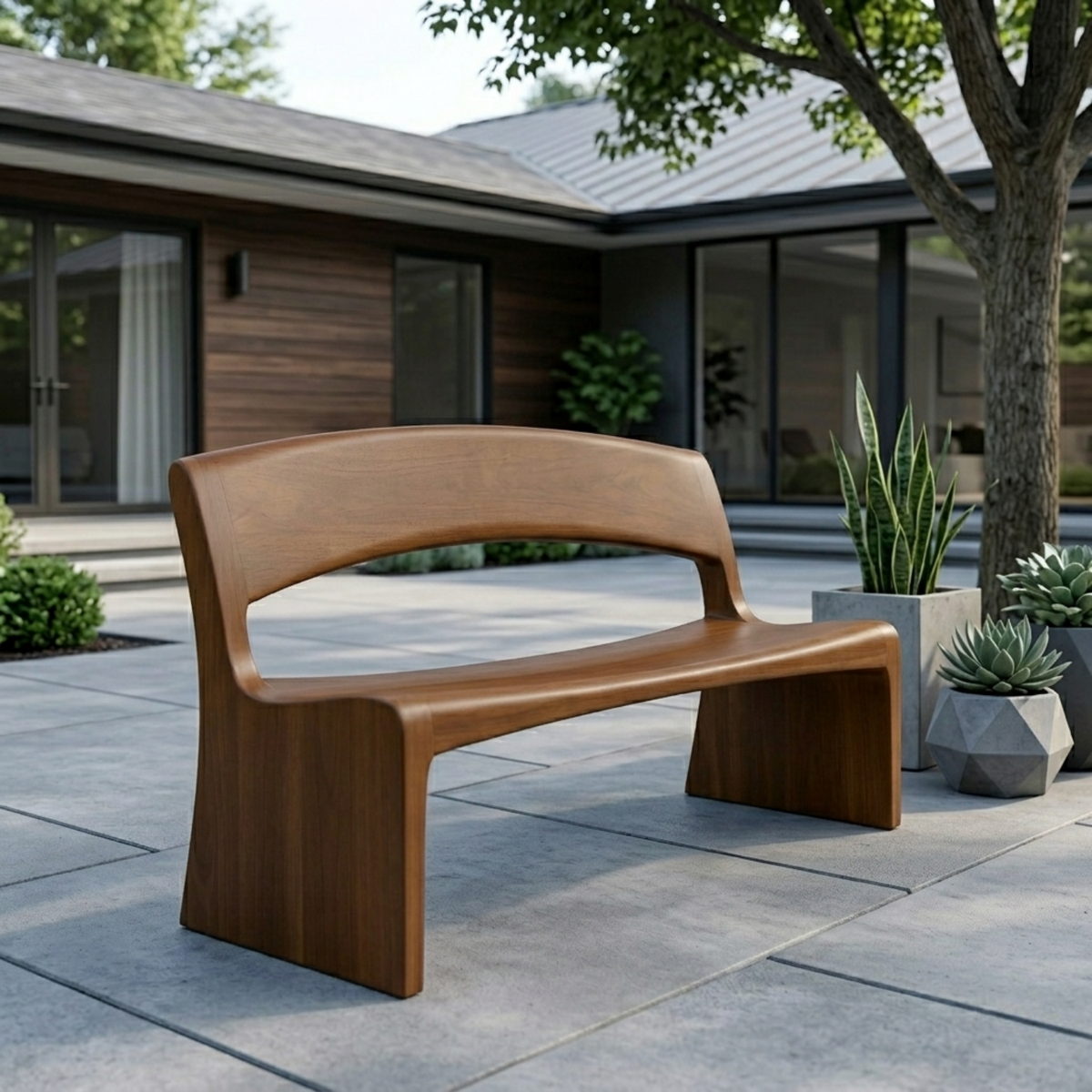 Solid Wood Outdoor Bench with Open Back Curve Modern Patio Garden Seating - view 2 of 7