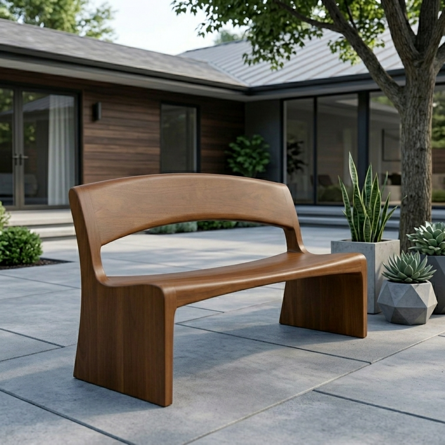 Solid Wood Outdoor Bench with Open Back Curve Modern Patio Garden Seating - view 2 of 7