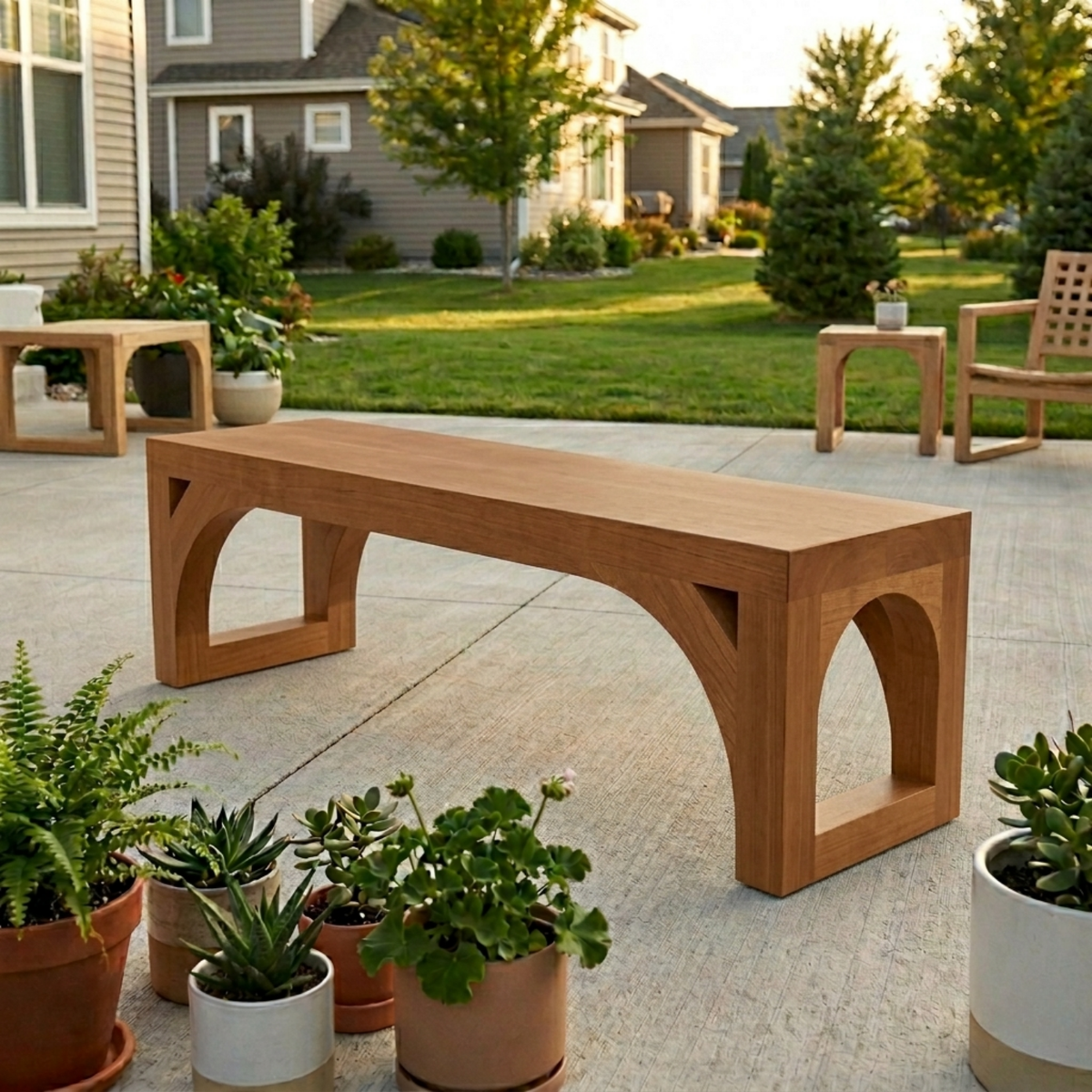 Solid Wood Outdoor Bench with Arched Base and Minimalist Rectangular Design - view 2 of 7