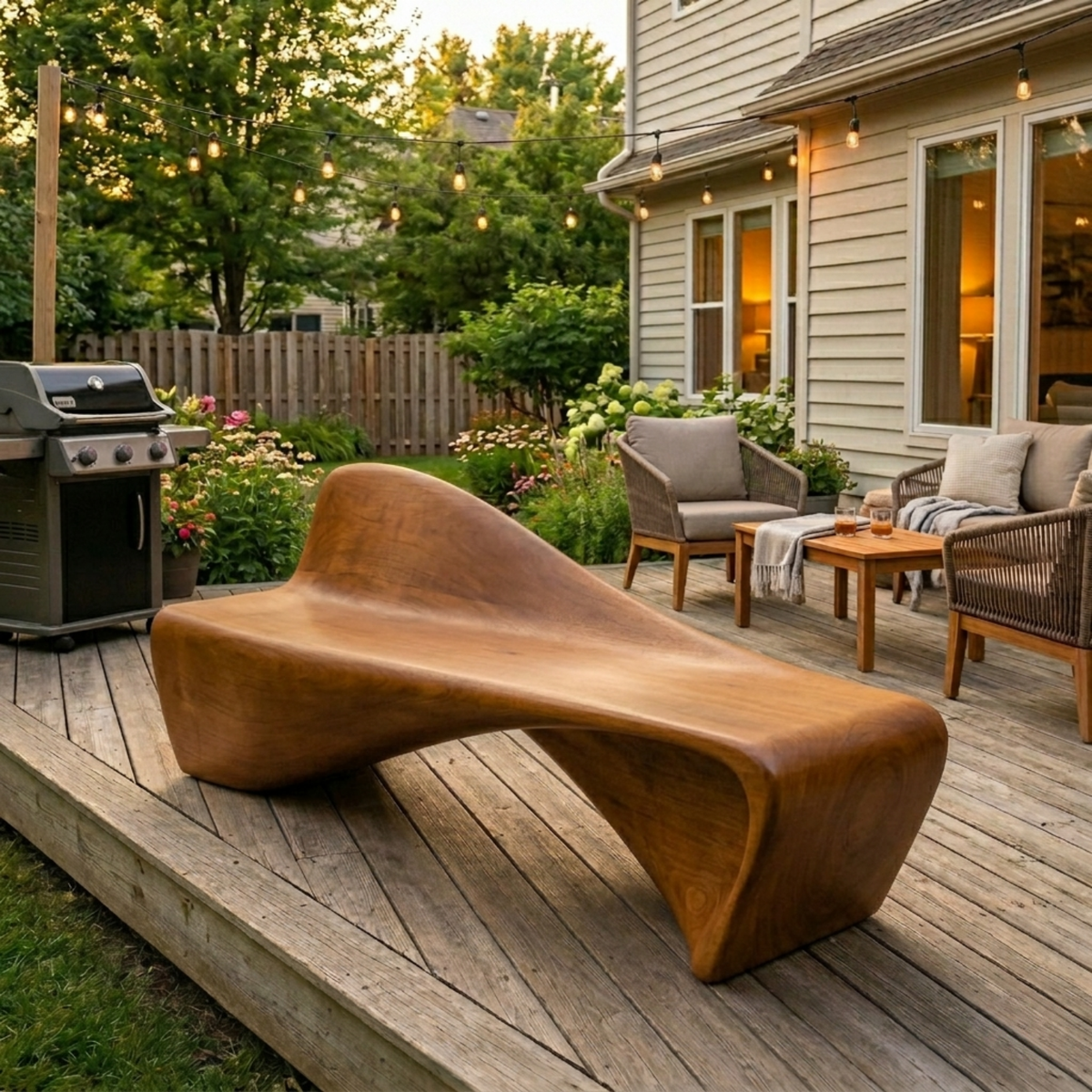 Solid Wood Outdoor Bench Sculptural Lounge Style with Ergonomic Curved Seat - view 2 of 7