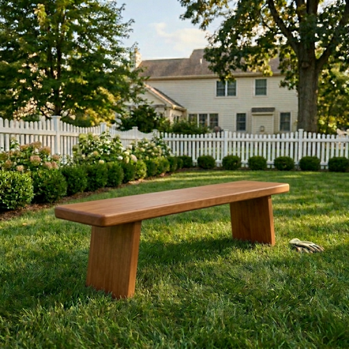 Solid Wood Outdoor Bench with Minimalist Slab Seat and Tapered Block Legs - view 1 of 7