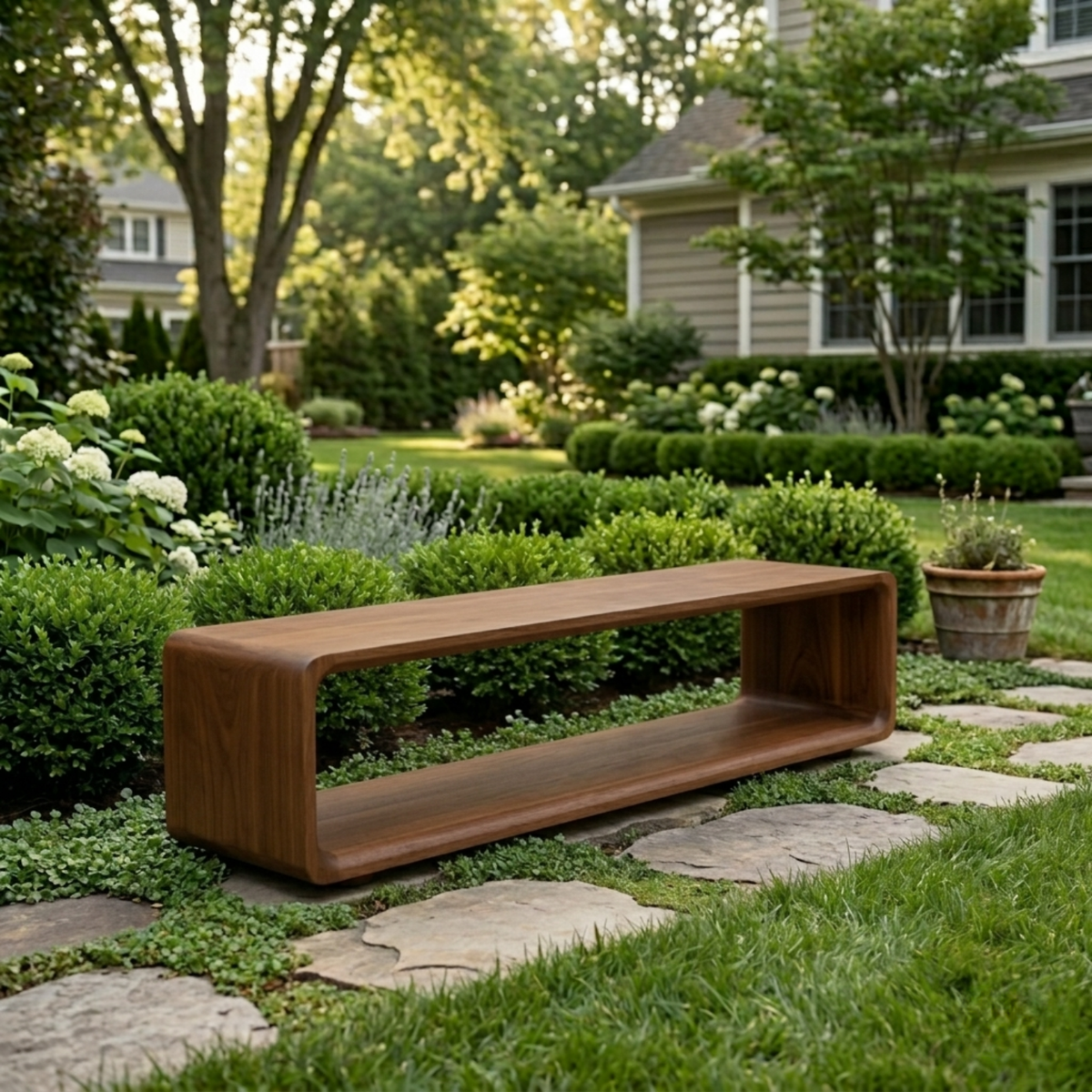 Solid Wood Outdoor Bench with Open Shelf Base and Rounded Waterfall Frame - view 3 of 8