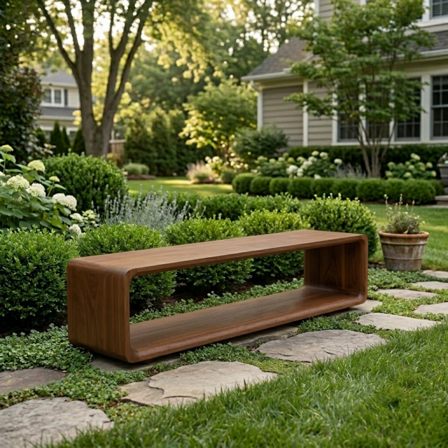 Solid Wood Outdoor Bench with Open Shelf Base and Rounded Waterfall Frame - view 3 of 8