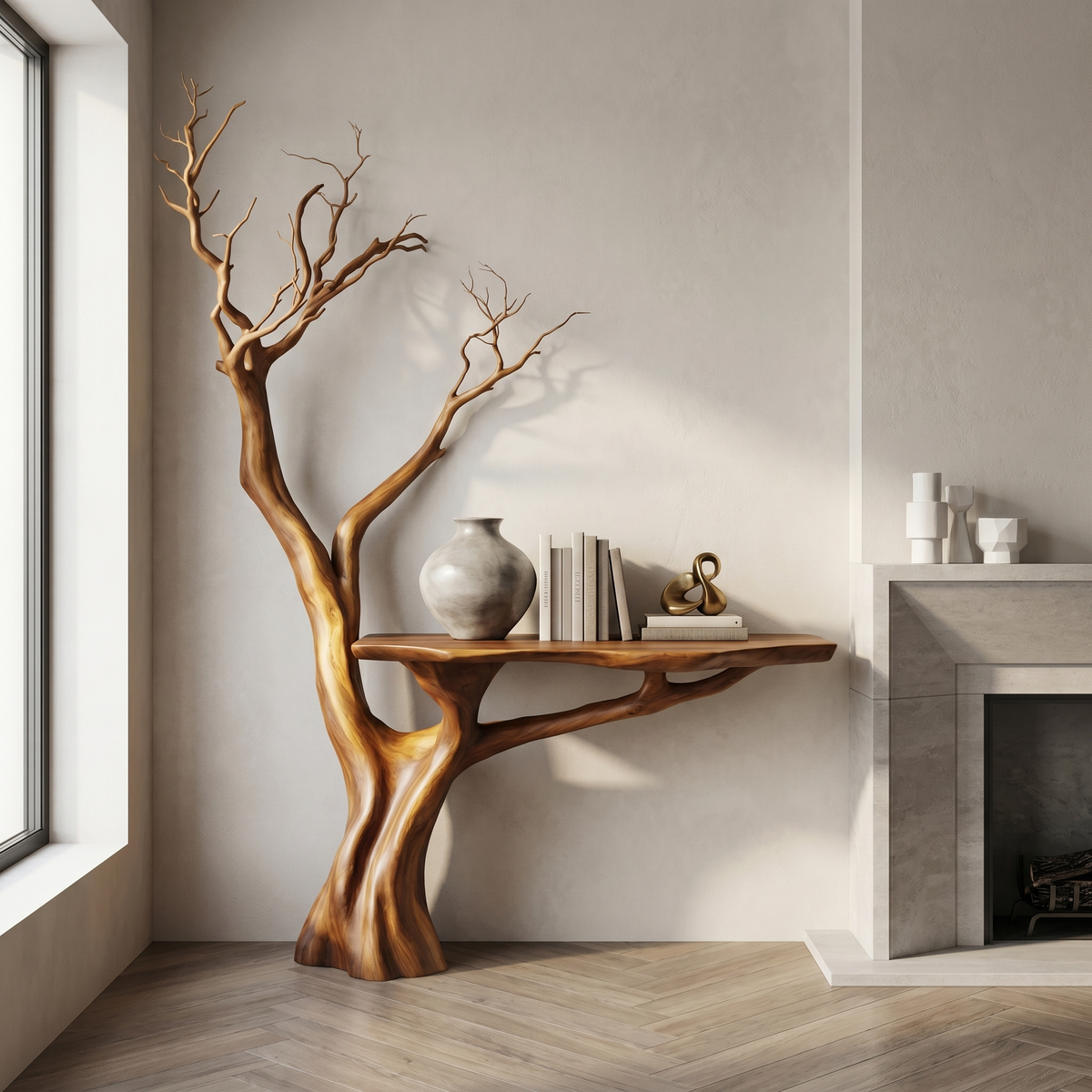 Rustic Console Table Sculpted Wood Tree Hallway Entrance - view 6 of 8