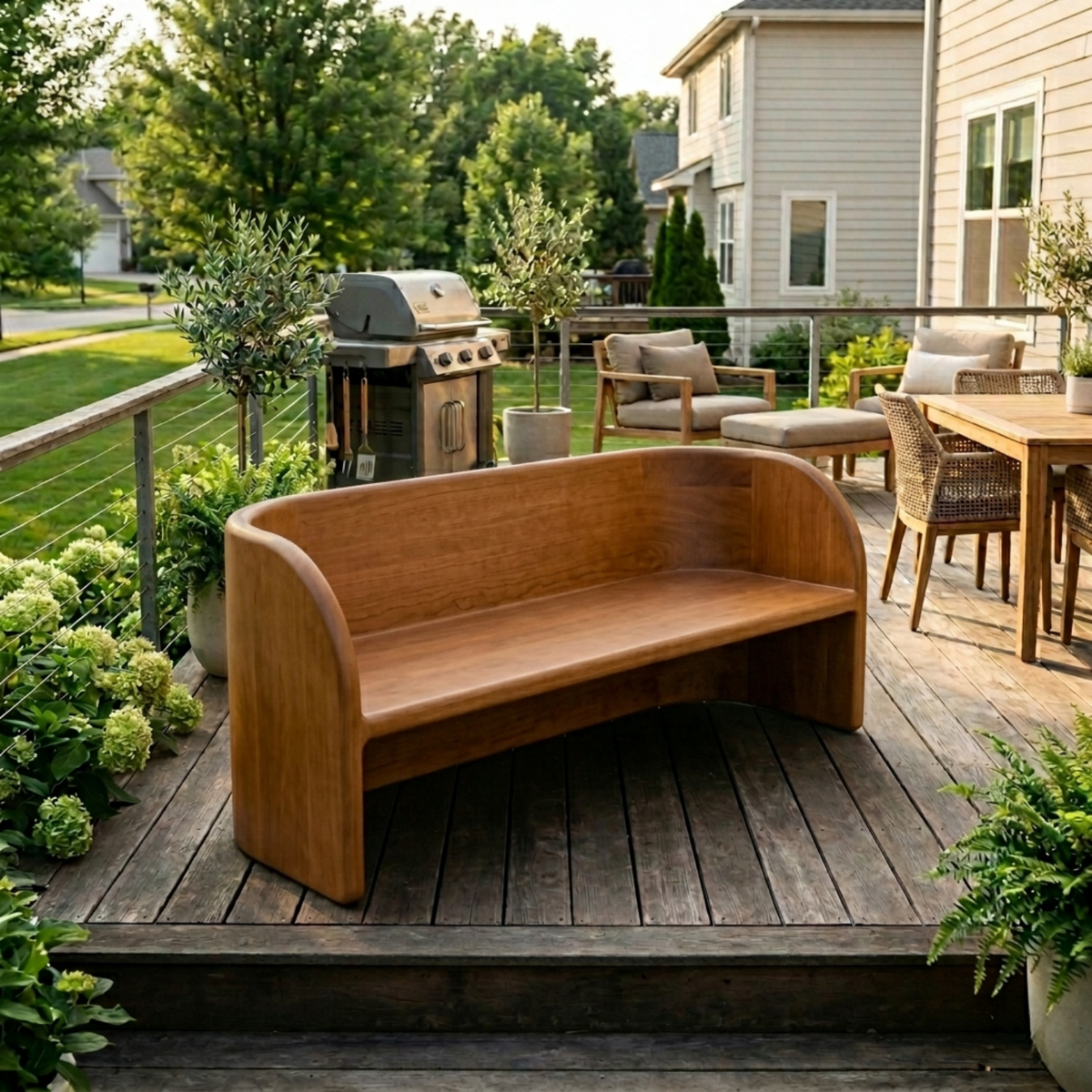 Solid Wood Outdoor Bench with Curved Backrest Sculptural Wraparound Design - view 2 of 7