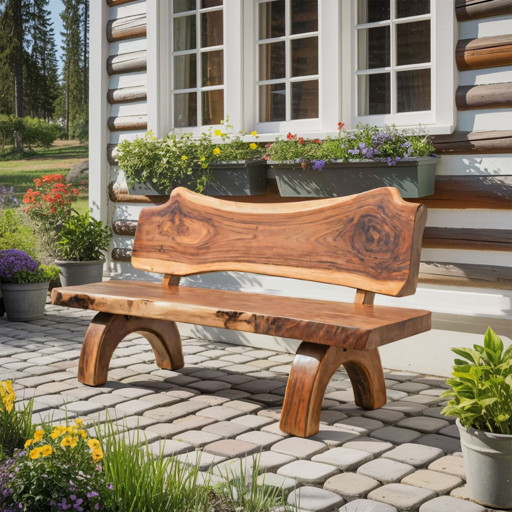 Rustic Live Edge Bench With Backrest For Patio Garden Courtyard - view 6 of 8