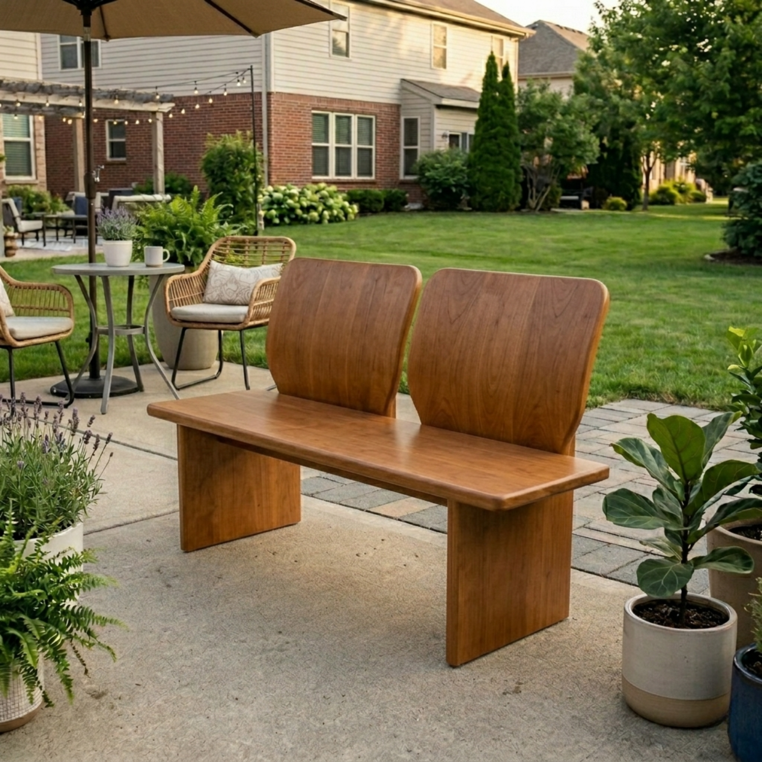 Solid Wood Outdoor Bench with Dual Curved Backrests Modern Sculptural Seating - view 2 of 7