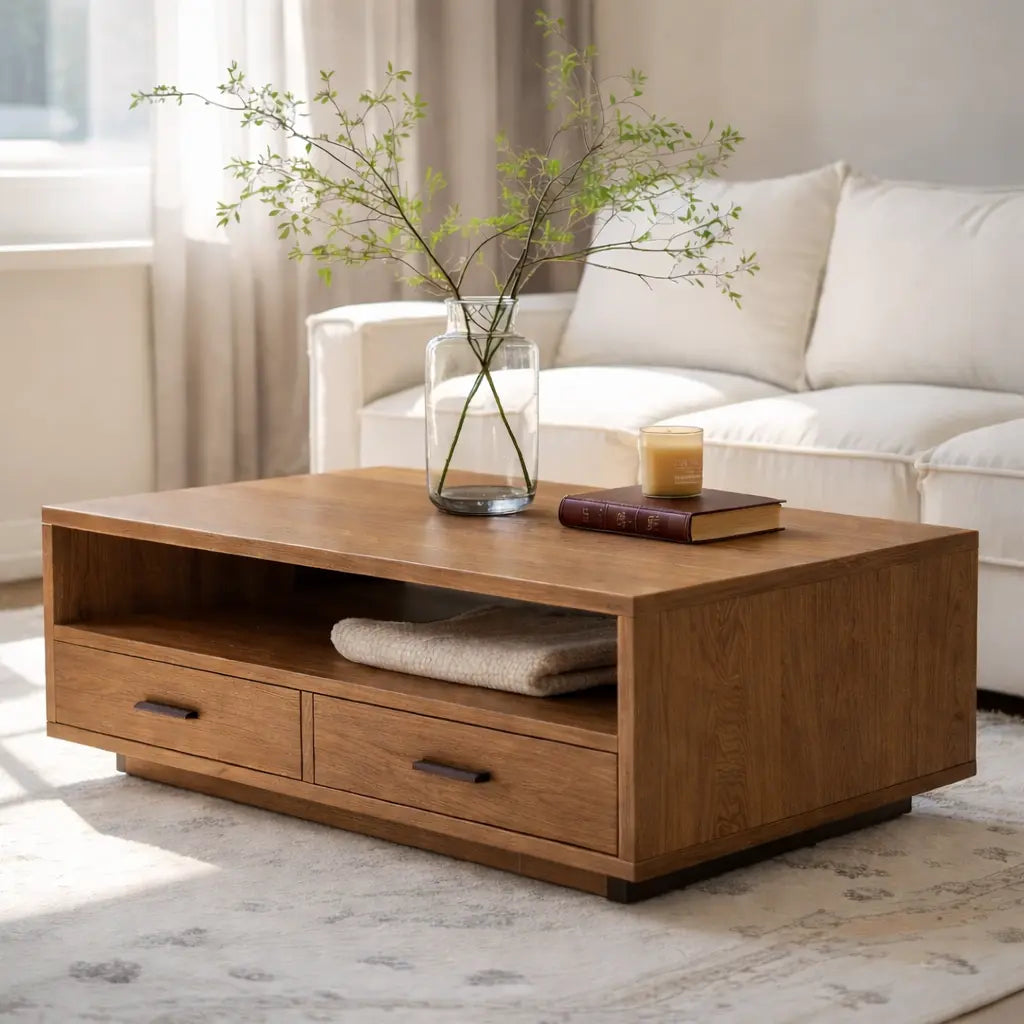 Solid Wood Coffee Table with Storage Drawers, Modern Design for Living Room - view 4 of 9