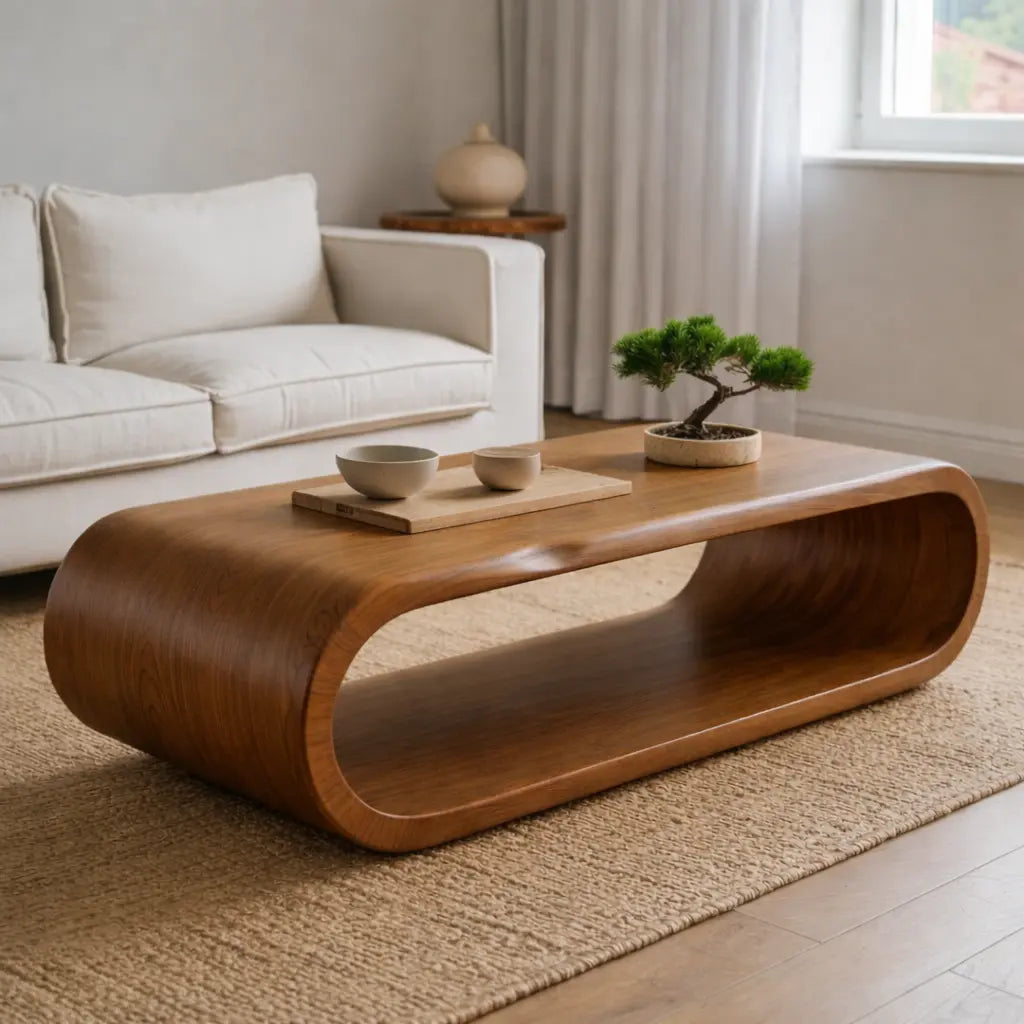 Sculptural Walnut Coffee Table with Curved Design and Open Shelf, Modern Living Room Decor - view 3 of 9