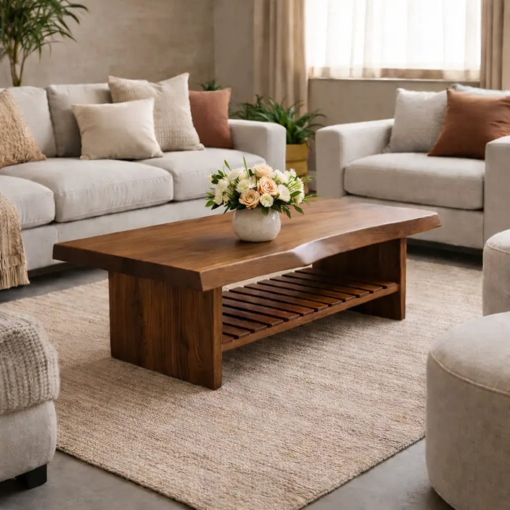 Live Edge Walnut Coffee Table with Slatted Shelf, Natural Modern Design for Living Room - view 1 of 9