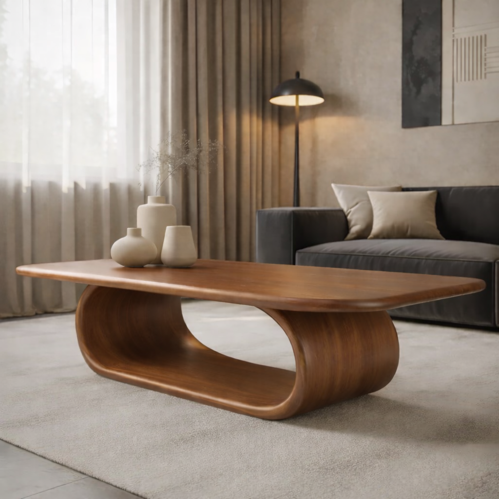 Sculptural Walnut Coffee Table with Curved Design and Open Shelf, Modern Living Room Décor - view 3 of 9