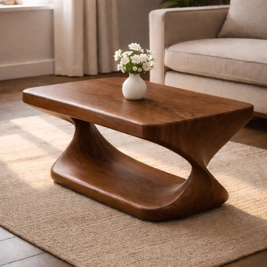 Modern Solid Wood Coffee Table with Sculptural Curved Base and Rectangular Wood Top - view 1 of 9