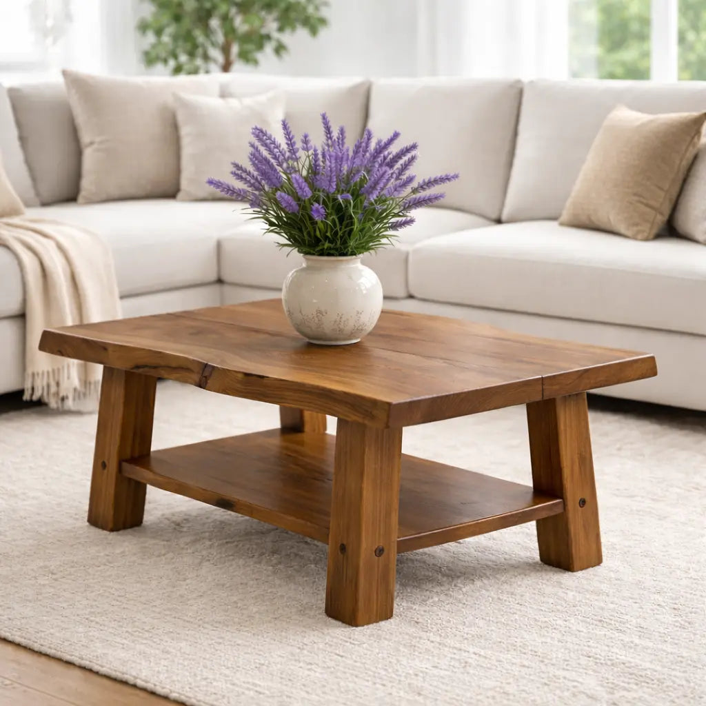 Solid Wood Coffee Table with Storage Shelf Rustic Wooden Living Room Table - view 3 of 9