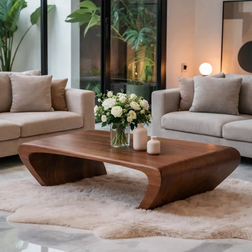 Modern Solid Wood Coffee Table with Sculptural Curved Base Minimalist Living Room Table - view 3 of 9