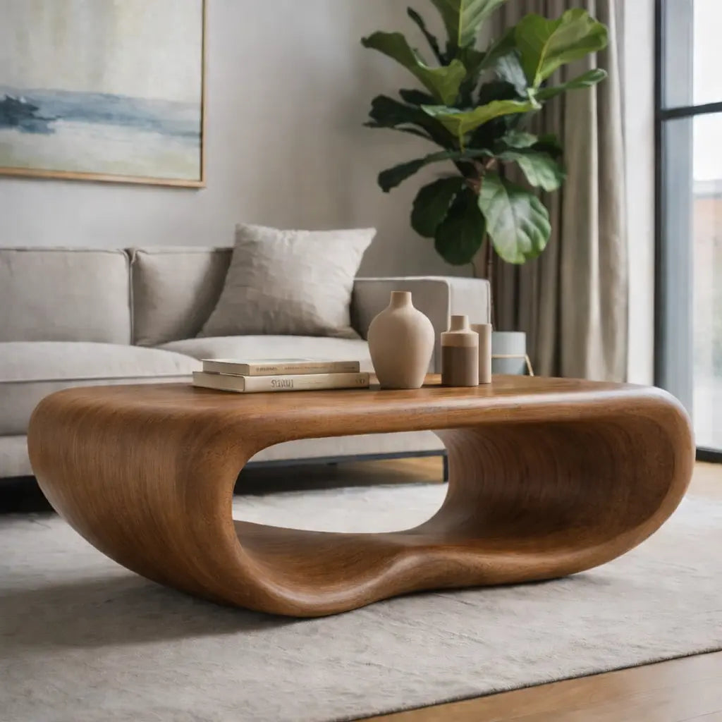 Modern Solid Wood Coffee Table with Sculptural Curved Design Minimalist Living Room Table - view 3 of 9