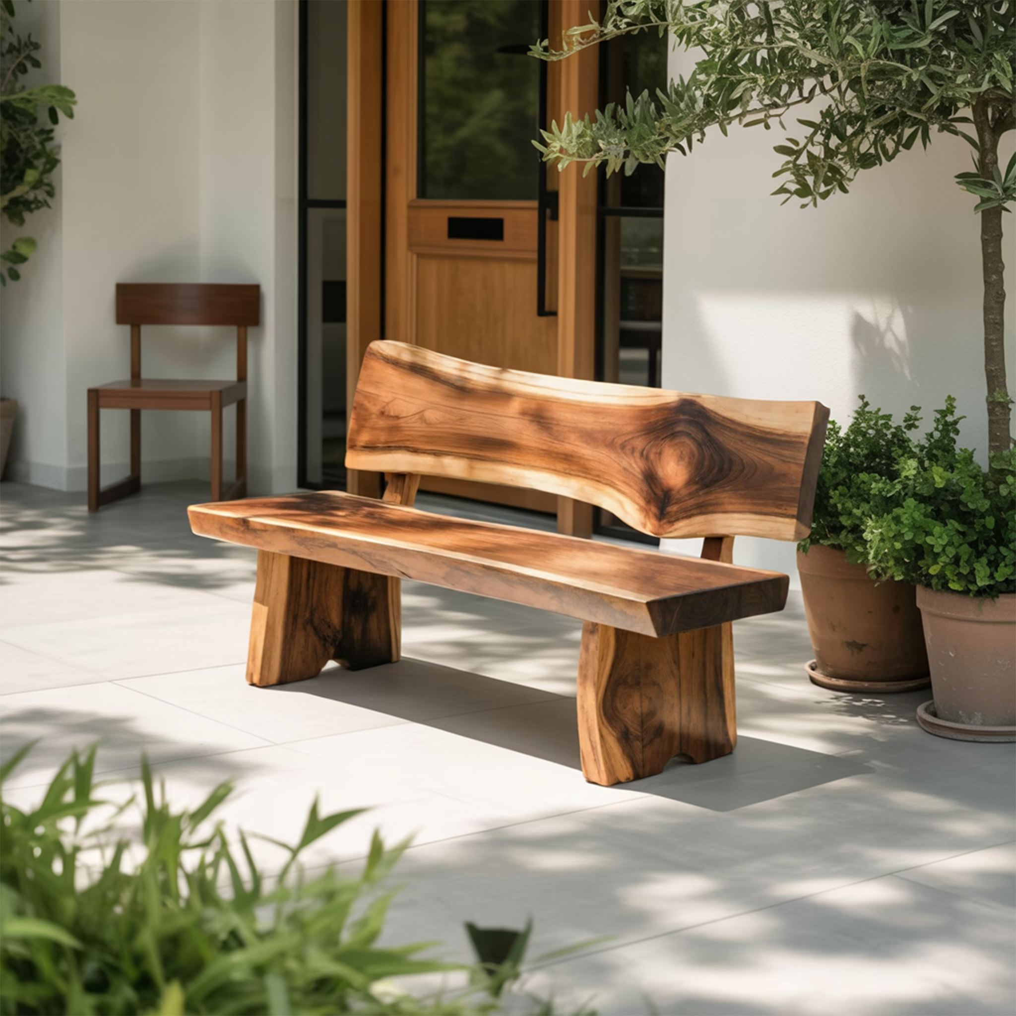 Contemporary Outdoor Wood Bench With Sculpted Back For Patio Or Courtyard - view 6 of 8