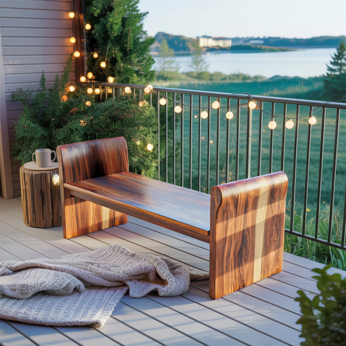 Contemporary Wood Bench With Rounded Armrests For Porch Or Garden - view 6 of 8
