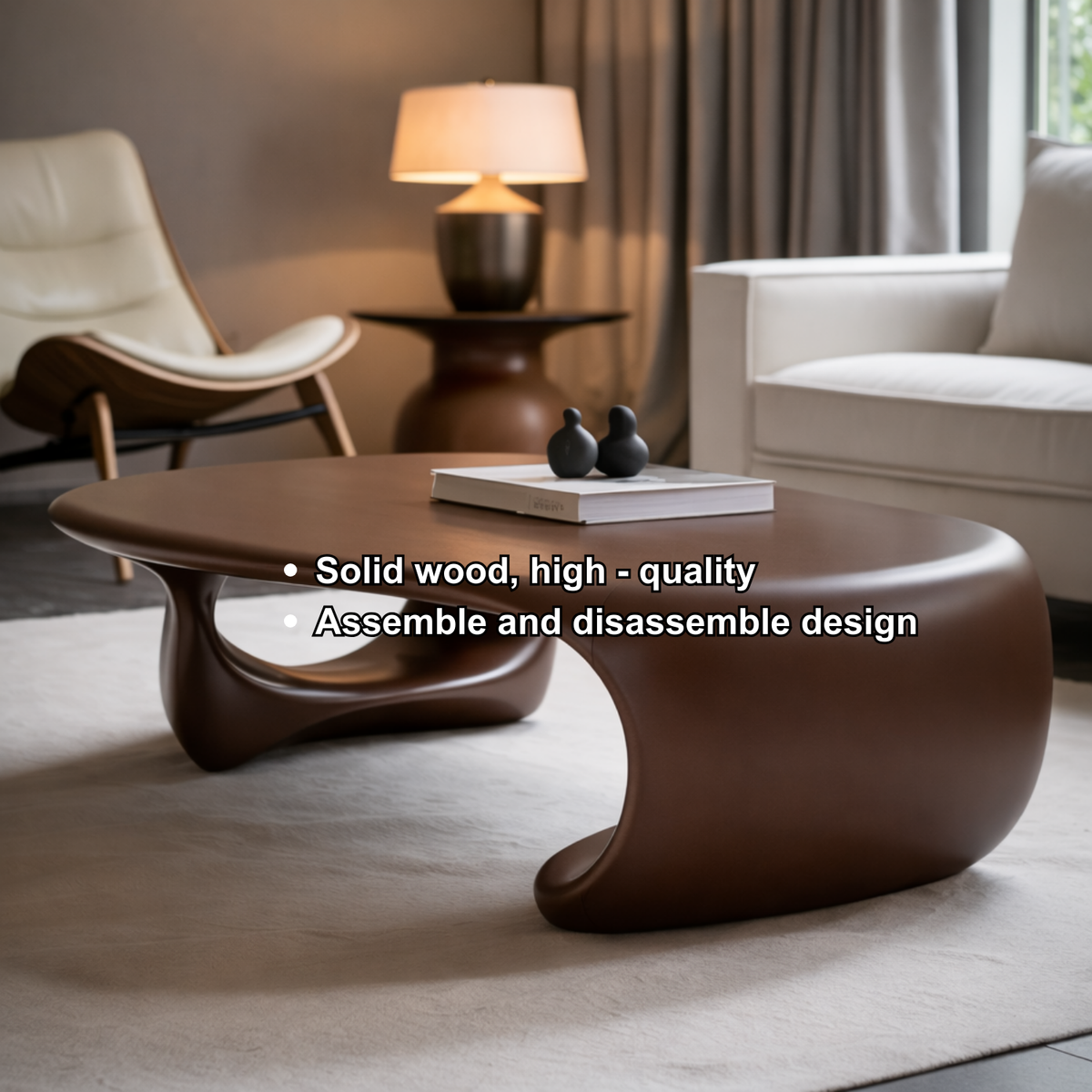 Solid Wood Sculptural Coffee Table with Organic Curved Base – Modern Living Room Table - view 8 of 9