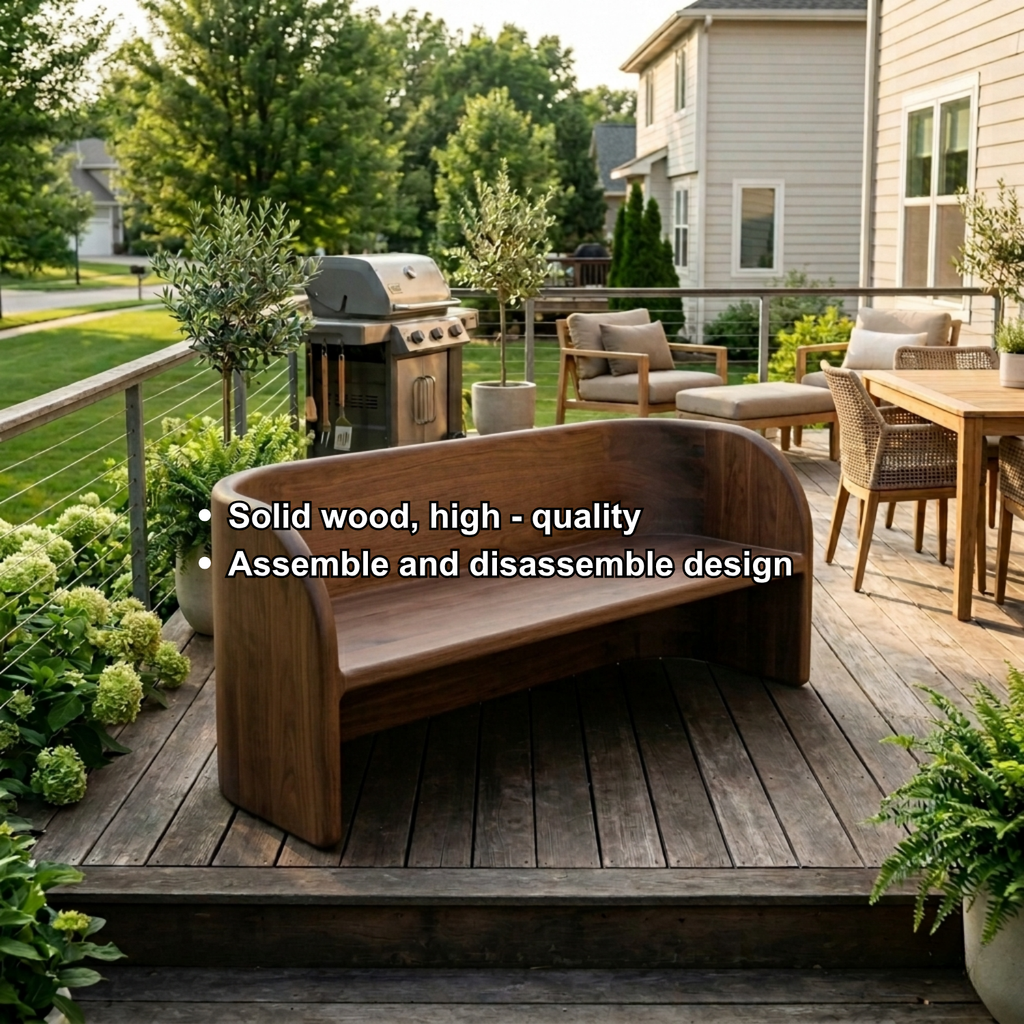 Solid Wood Outdoor Bench with Curved Backrest Sculptural Wraparound Design - view 6 of 7