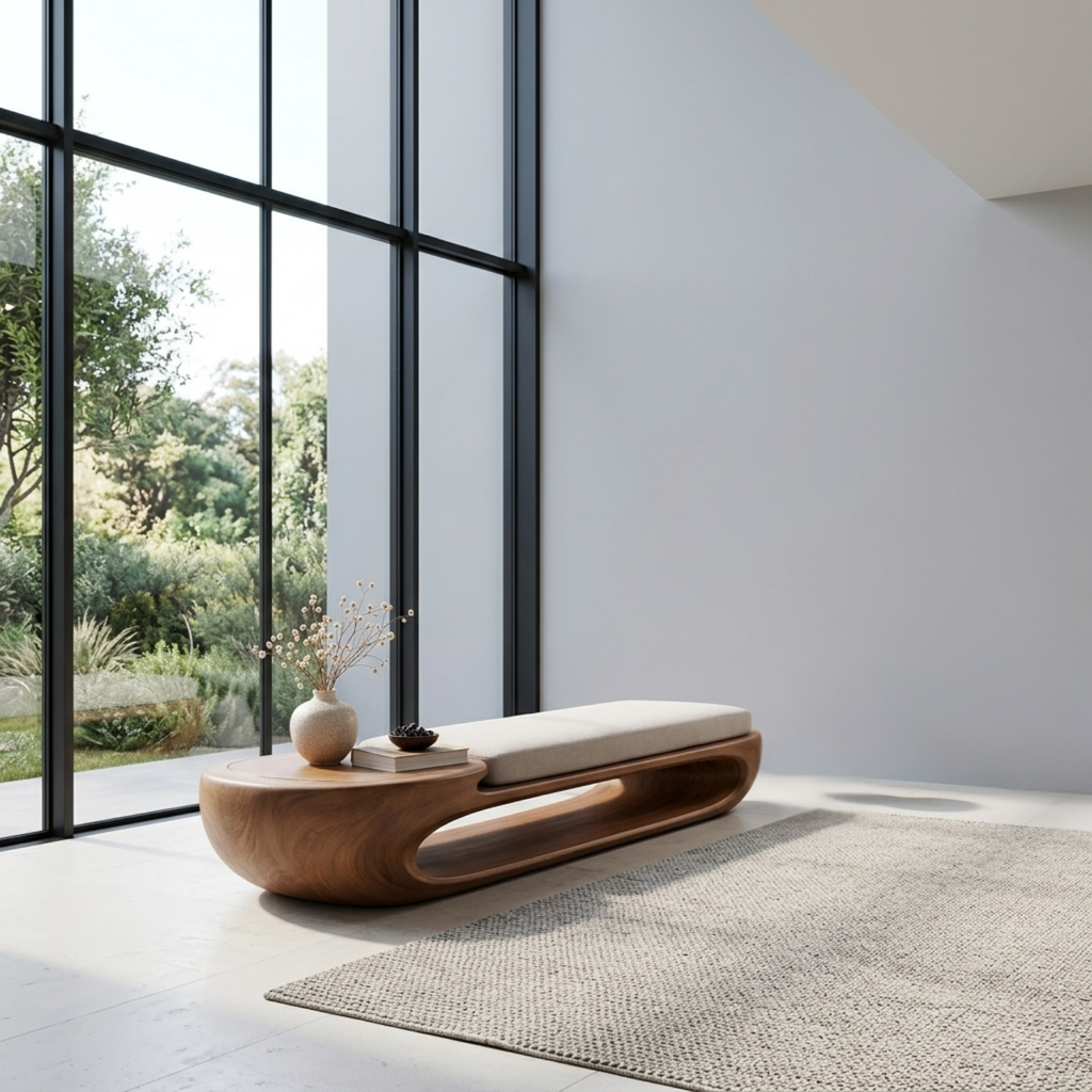 Organic Curved Solid Wood Entryway Bench with Sculptural Open Base Design - view 2 of 9