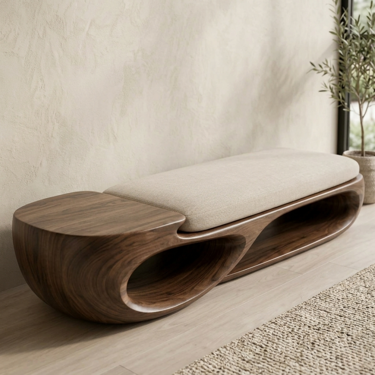 Double Curve Solid Wood Entryway Bench – Sculptural Modern Organic Design - view 2 of 8
