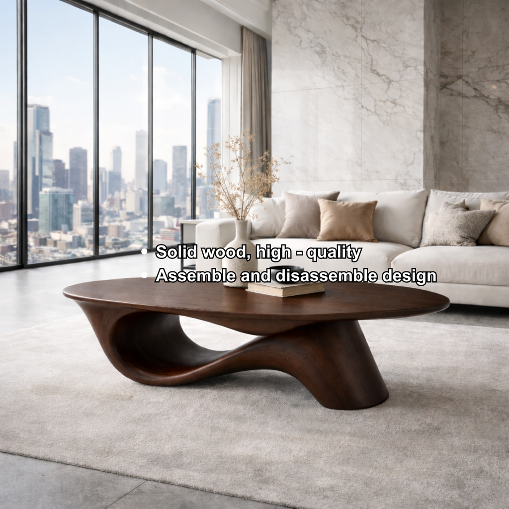 Organic Solid Wood Coffee Table with Sculpted Base – Modern Designer Living Room Table - view 7 of 8