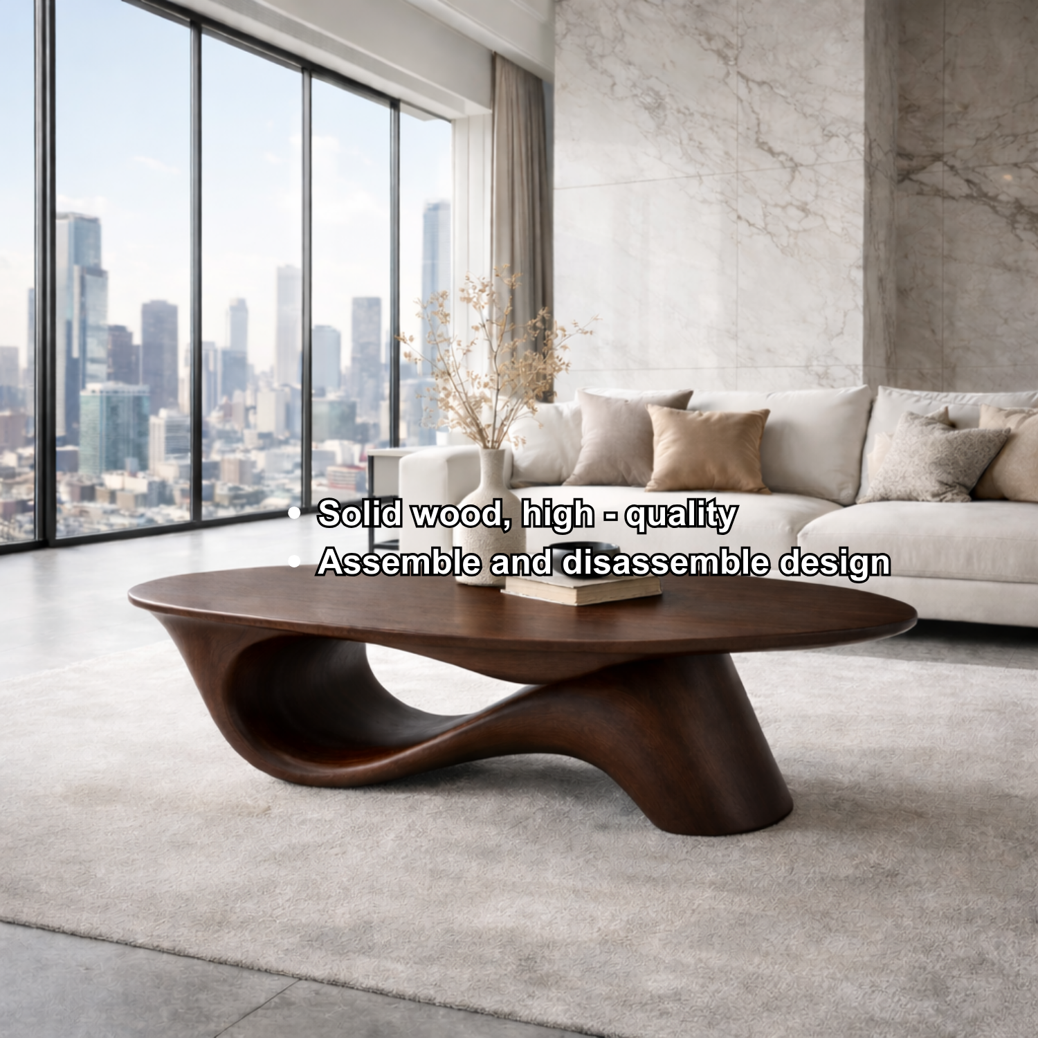 Organic Solid Wood Coffee Table with Sculpted Base – Modern Designer Living Room Table - view 7 of 8