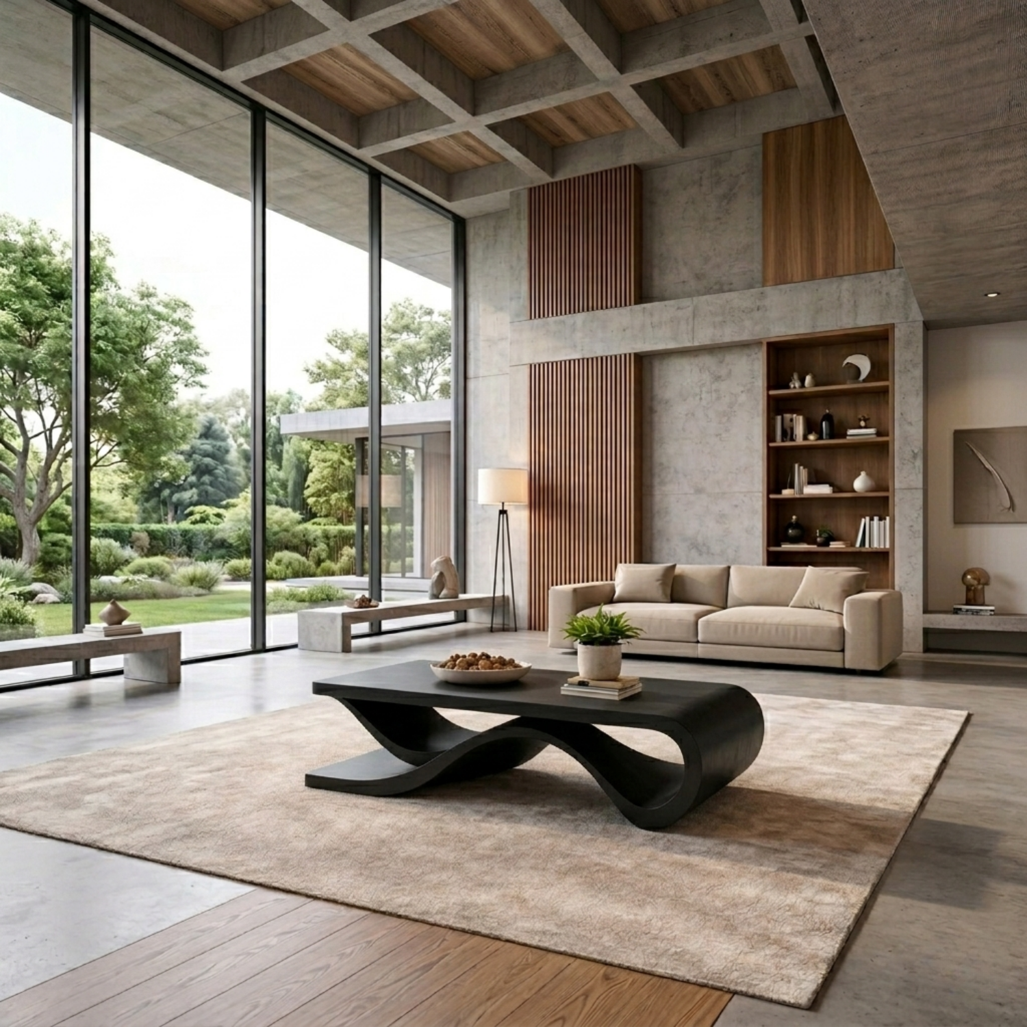 Solid Wood Coffee Table with Wave Sculptural Base – Modern Designer Living Room Table - view 4 of 9
